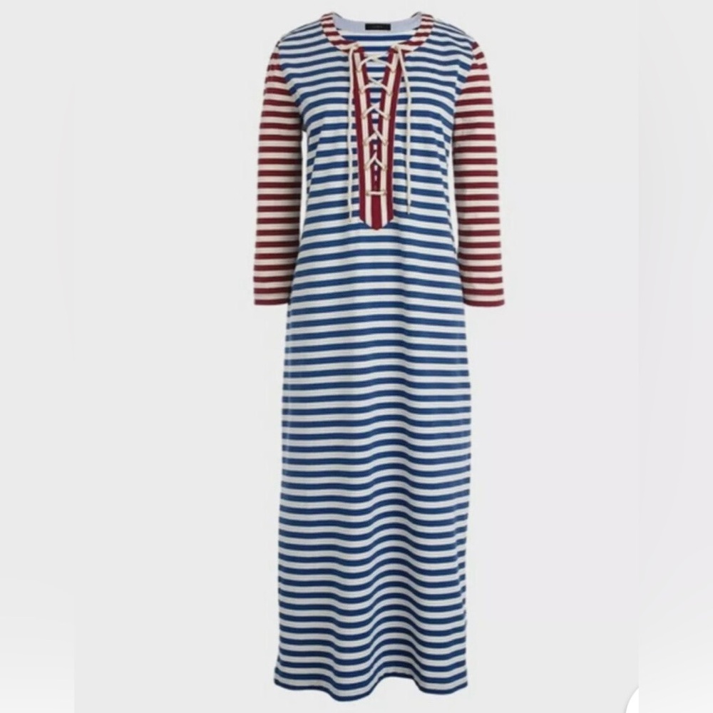 J. CREW Sammie Nautical Beach Baltic Stripe Lace Up 3/4 100% Cotton R/W/B Midi M